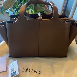 Celine tri fold tote bag in brown with gold hardware